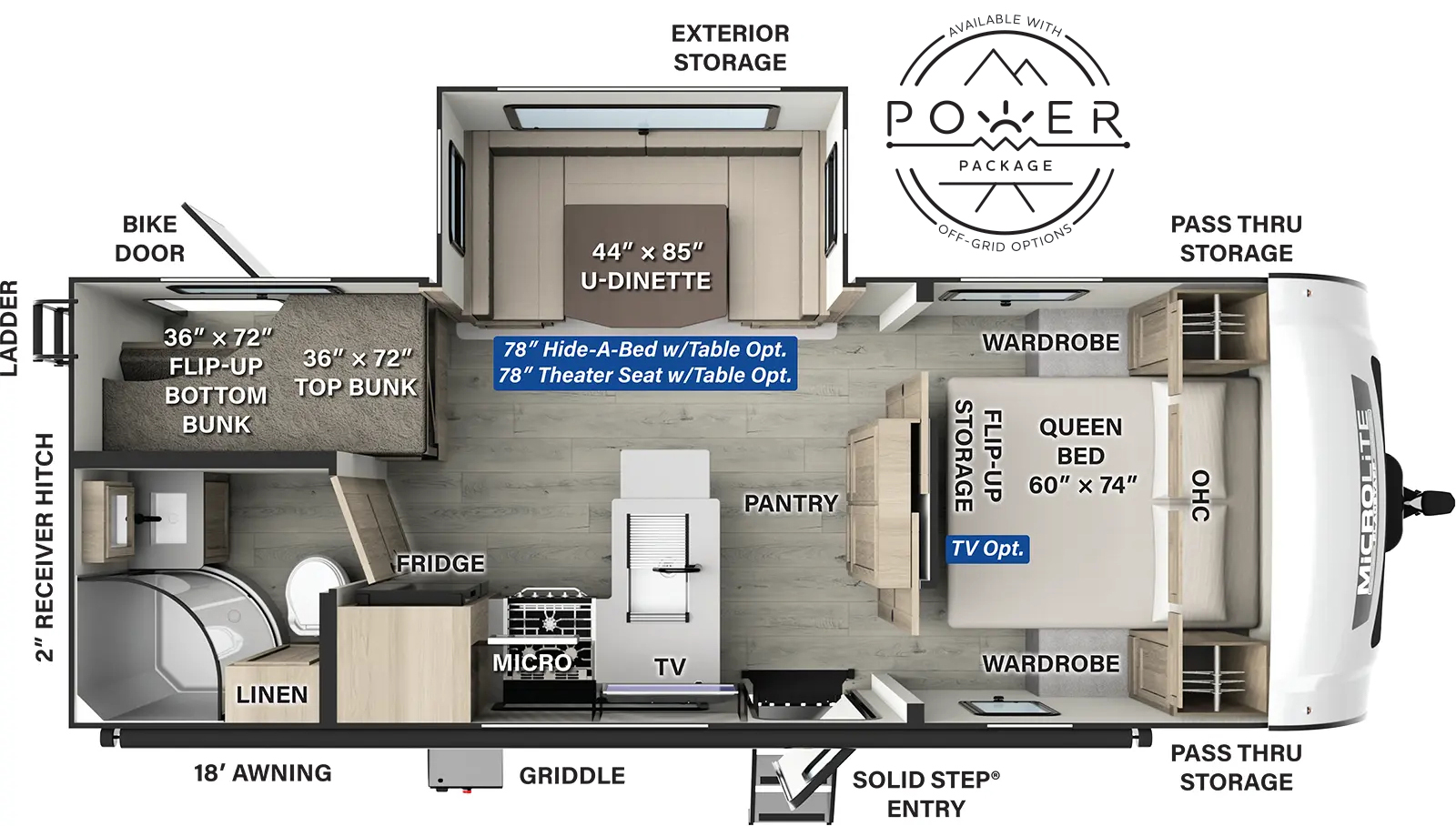 The Flagstaff Micro Lite 25DBH has one entry and one slide out. Exterior features include: fiberglass exterior and 18' awning. Interiors features include: bunk beds, u-dinette and front bedroom.